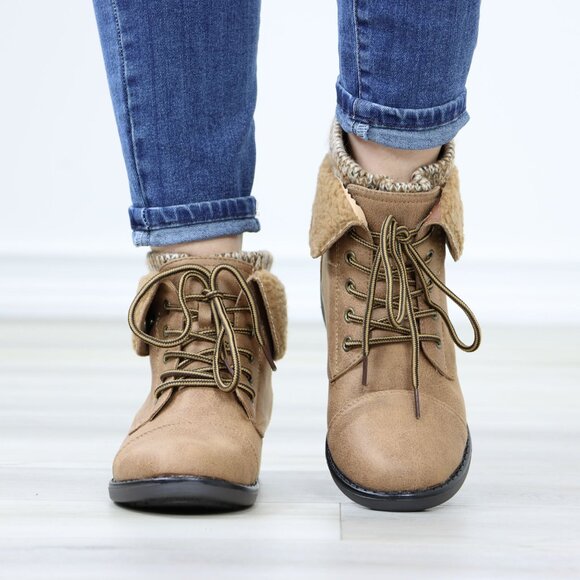 Sherpa Ankle Lined Combat Flat Heel Ankles Boots Tan Faux Leather - Picture 9 of 12